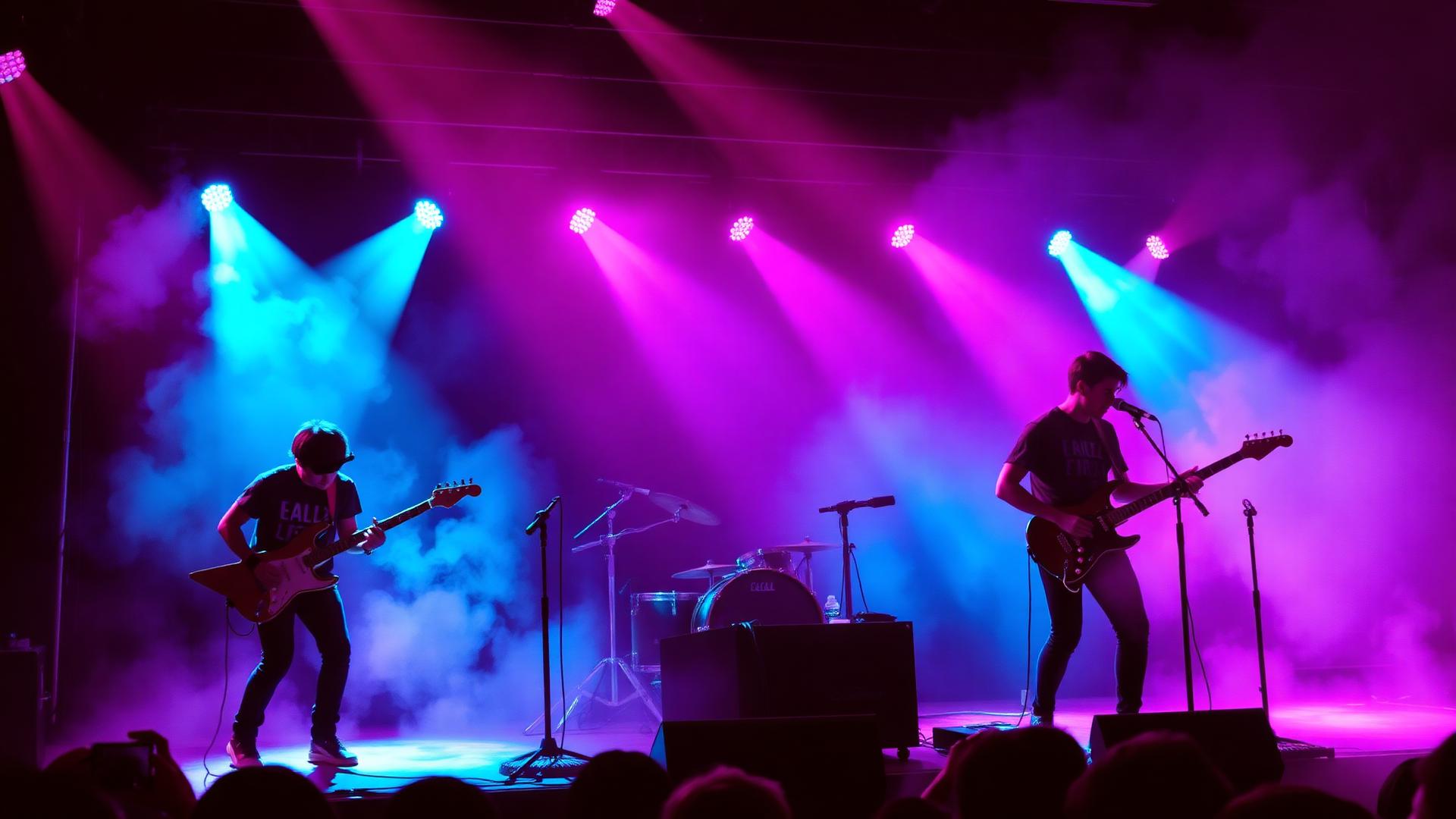 Teen rock band performing on stage with colorful concert lighting