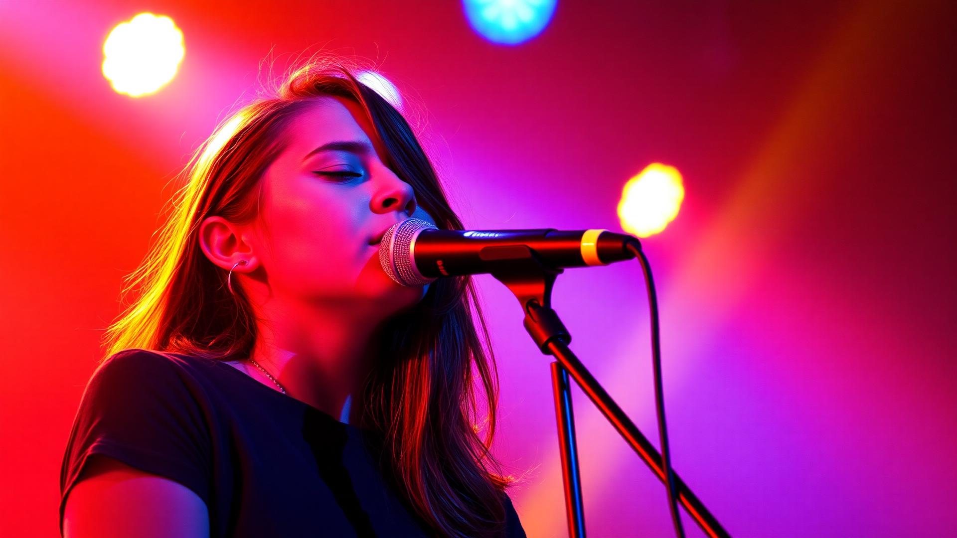 Teen rock band performing on stage with colorful concert lighting