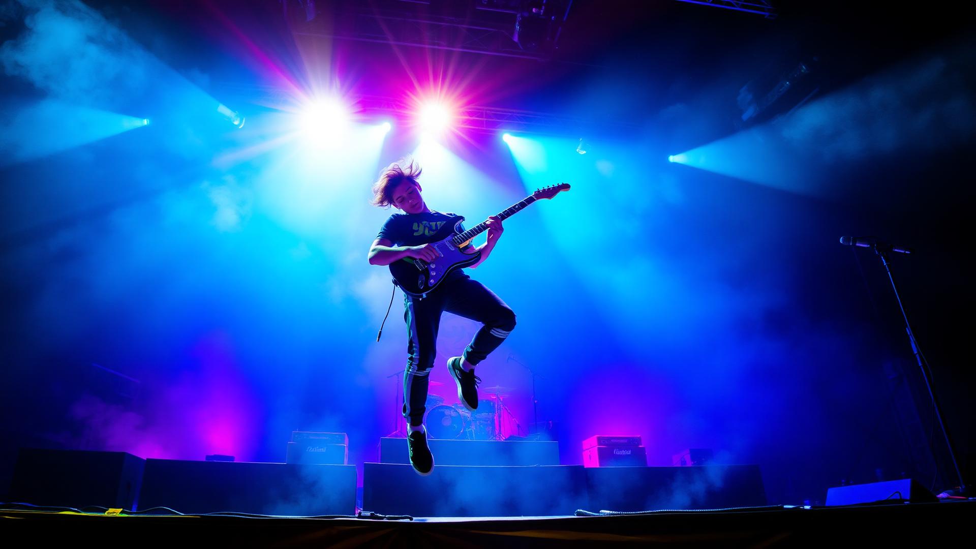 Teen rock band performing on stage with colorful concert lighting